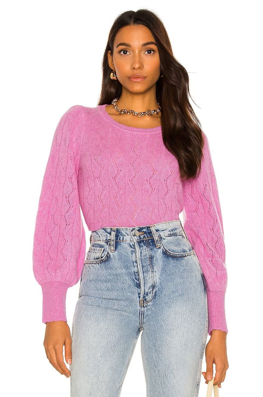 White + Warren Cashmere Lace Stitch Scallop Sweater Wisteria Extra Small